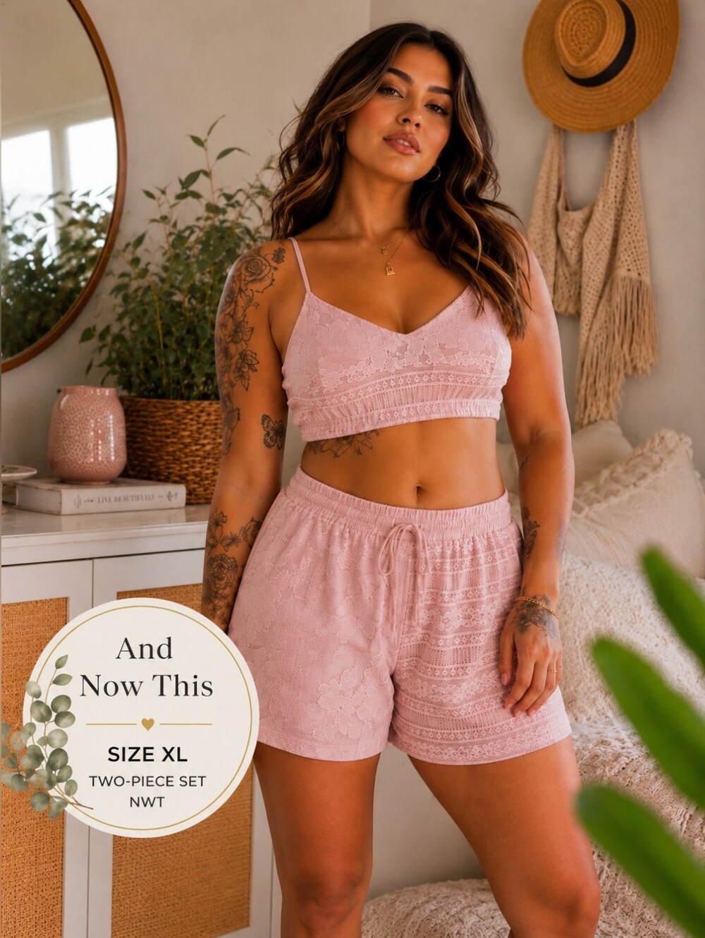 And Now This NWT Lace Bralette & Drawstring Shorts 2-Piece Set XL Blush Pink